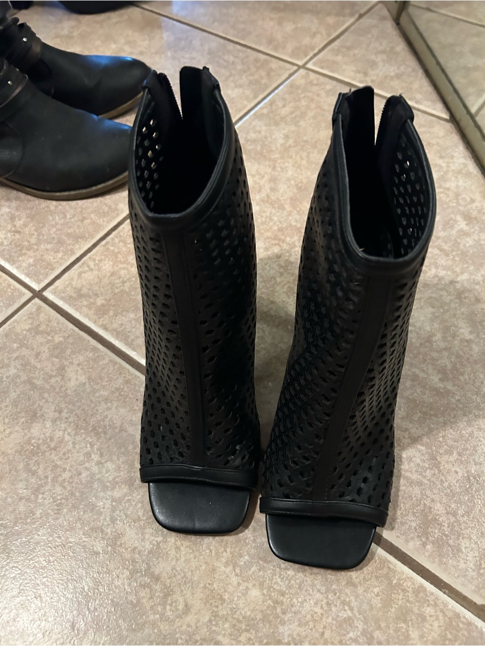 VENUS Black Perforated Peep-Toe Ankle Heeled Boots